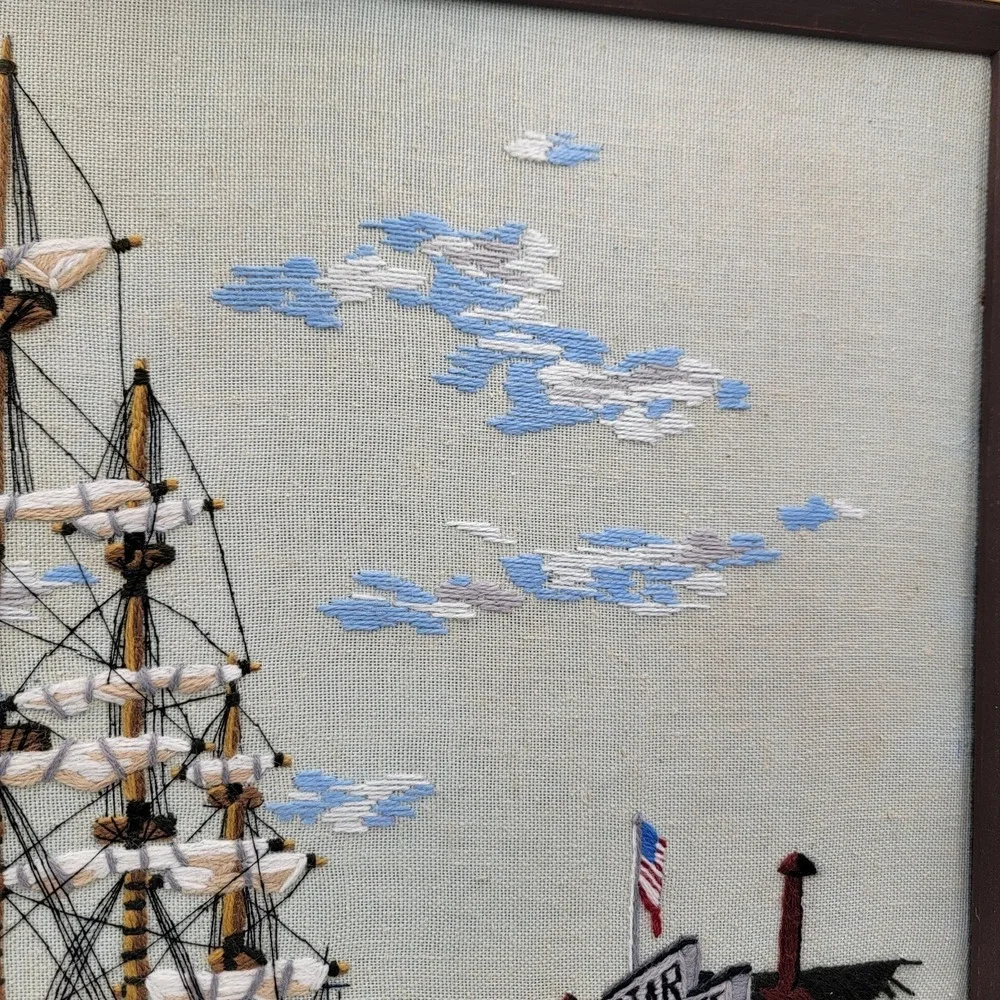 Vtg 70s Crewel Embroidery Harbor Scene Of Clipper Ship Framed Cottagecore Boho